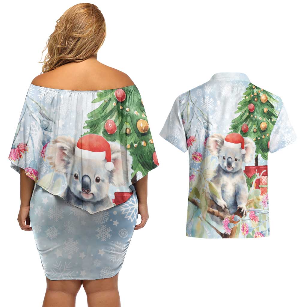 Australia Christmas Couples Matching Off Shoulder Short Dress and Hawaiian Shirt Koala Santa With Eucalyptus - Watercolor