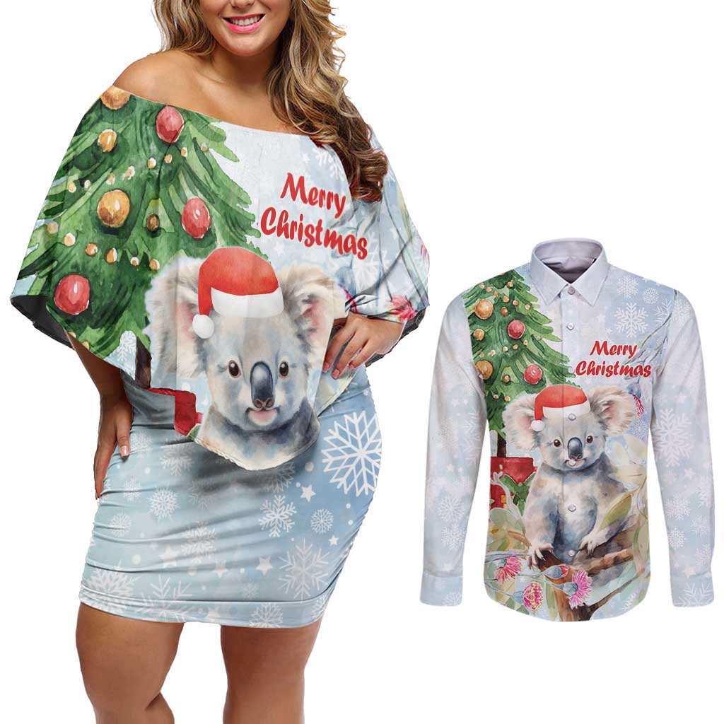 Australia Christmas Couples Matching Off Shoulder Short Dress and Long Sleeve Button Shirt Koala Santa With Eucalyptus - Watercolor