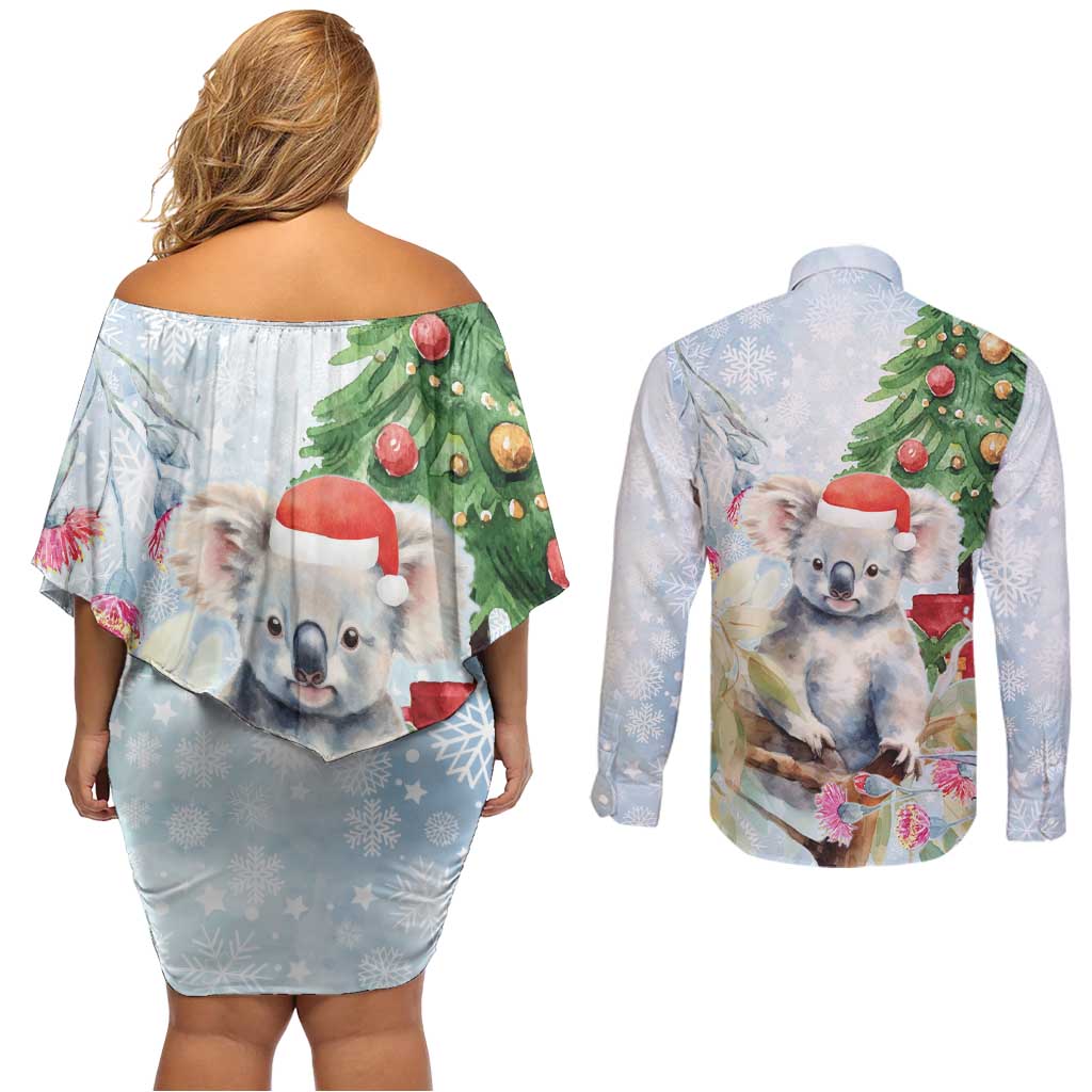Australia Christmas Couples Matching Off Shoulder Short Dress and Long Sleeve Button Shirt Koala Santa With Eucalyptus - Watercolor