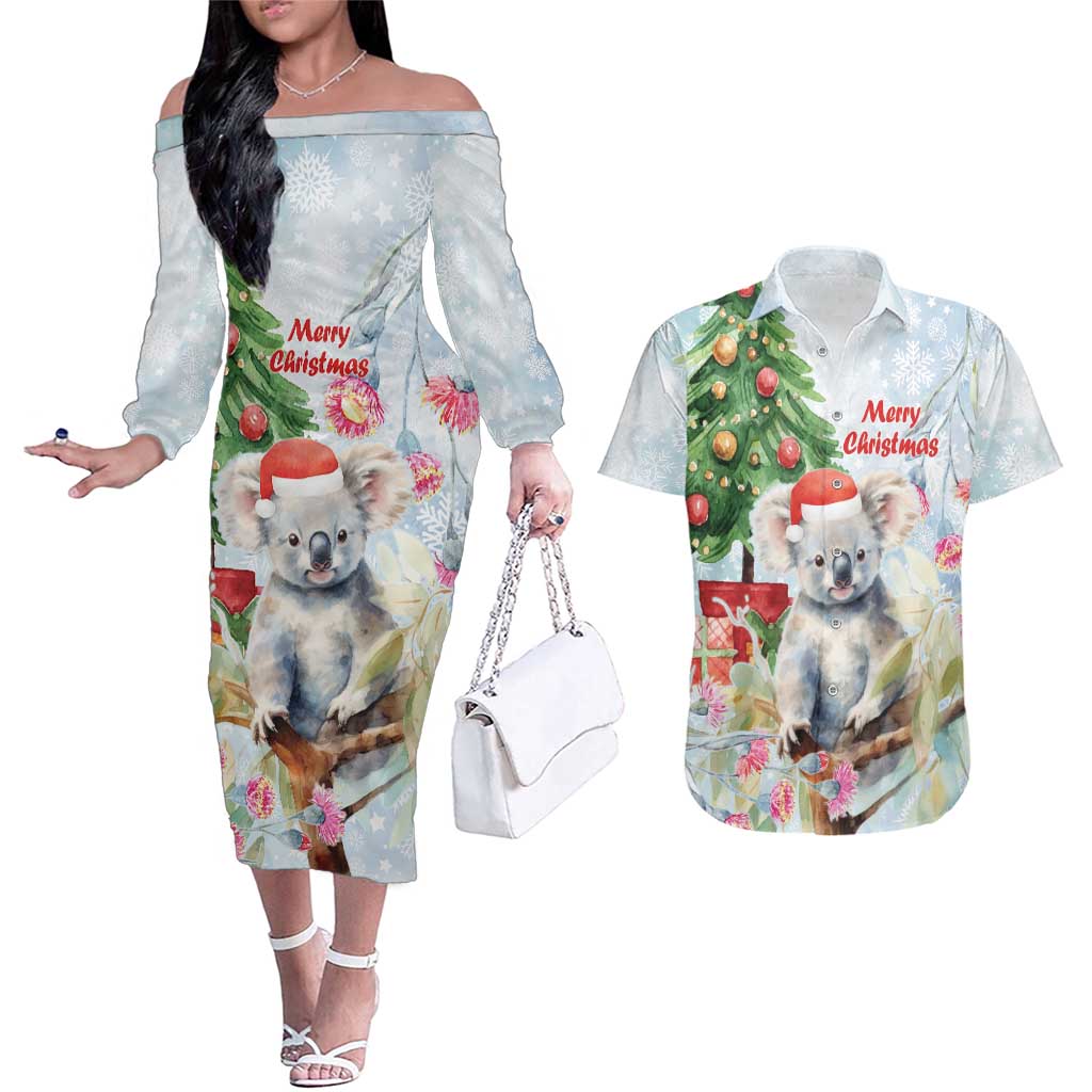Australia Christmas Couples Matching Off The Shoulder Long Sleeve Dress and Hawaiian Shirt Koala Santa With Eucalyptus - Watercolor