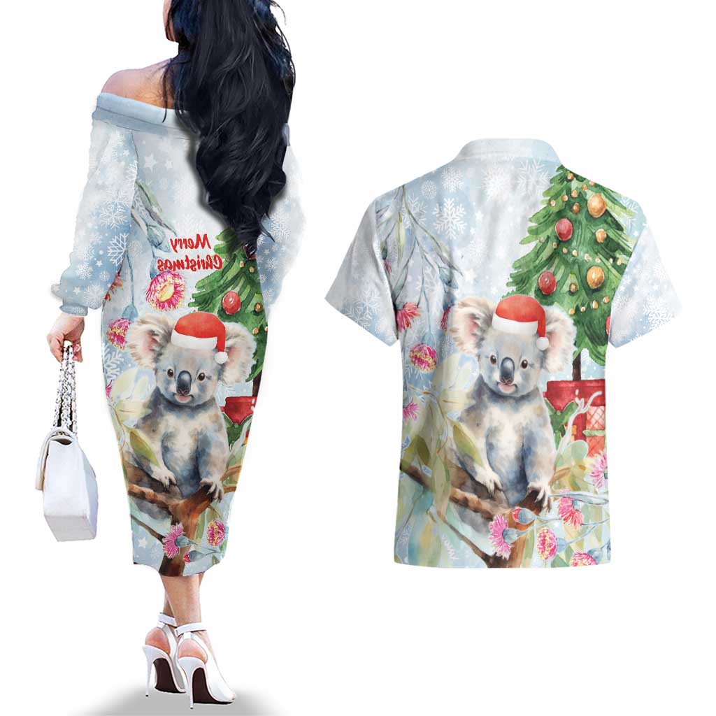 Australia Christmas Couples Matching Off The Shoulder Long Sleeve Dress and Hawaiian Shirt Koala Santa With Eucalyptus - Watercolor