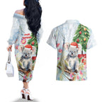 Australia Christmas Couples Matching Off The Shoulder Long Sleeve Dress and Hawaiian Shirt Koala Santa With Eucalyptus - Watercolor