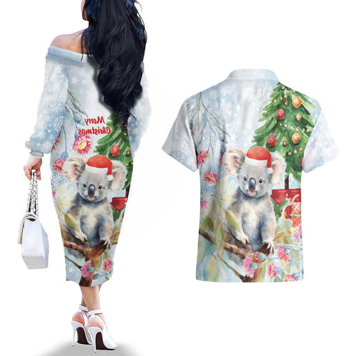 Australia Christmas Couples Matching Off The Shoulder Long Sleeve Dress and Hawaiian Shirt Koala Santa With Eucalyptus - Watercolor