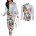 Australia Christmas Couples Matching Off The Shoulder Long Sleeve Dress and Long Sleeve Button Shirt Koala Santa With Eucalyptus - Watercolor