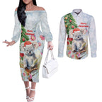 Australia Christmas Couples Matching Off The Shoulder Long Sleeve Dress and Long Sleeve Button Shirt Koala Santa With Eucalyptus - Watercolor