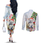 Australia Christmas Couples Matching Off The Shoulder Long Sleeve Dress and Long Sleeve Button Shirt Koala Santa With Eucalyptus - Watercolor