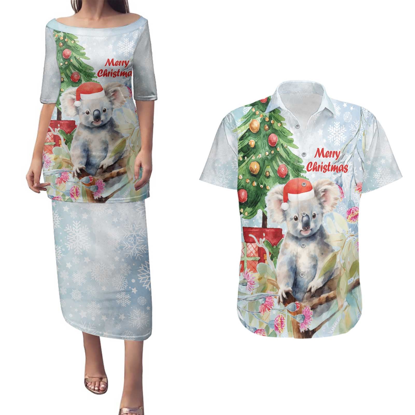 Australia Christmas Couples Matching Puletasi and Hawaiian Shirt Koala Santa With Eucalyptus - Watercolor