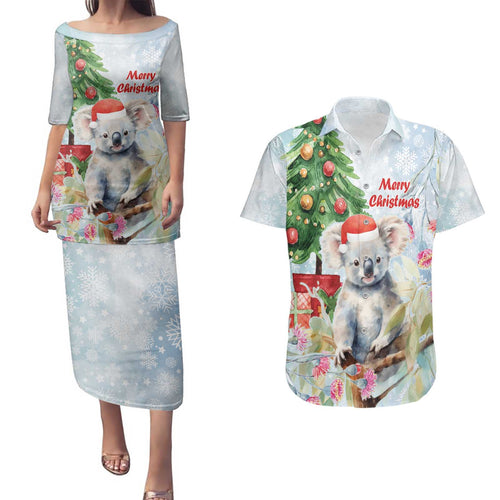 Australia Christmas Couples Matching Puletasi and Hawaiian Shirt Koala Santa With Eucalyptus - Watercolor