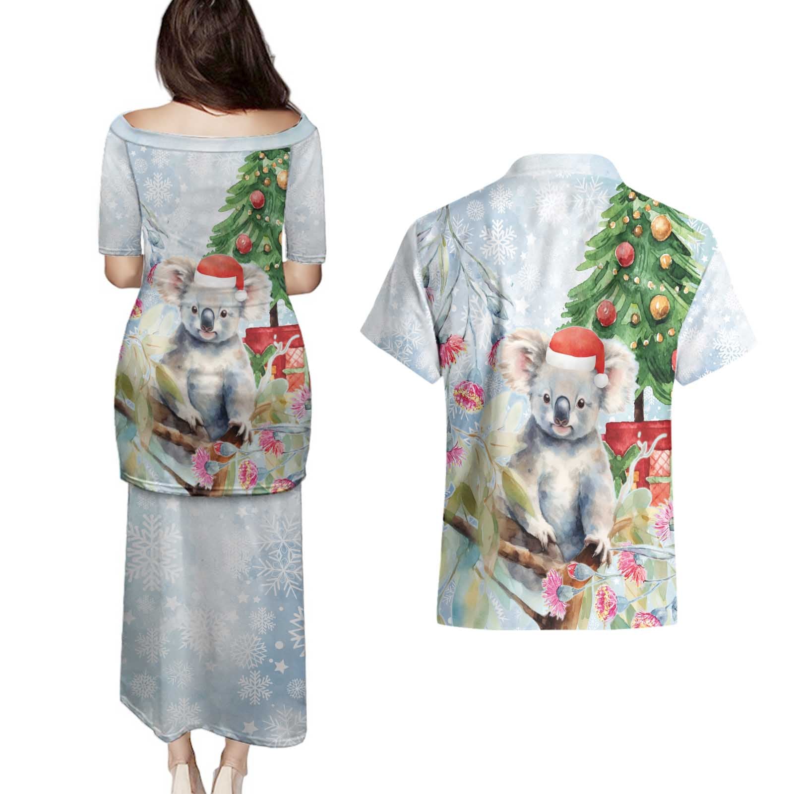 Australia Christmas Couples Matching Puletasi and Hawaiian Shirt Koala Santa With Eucalyptus - Watercolor