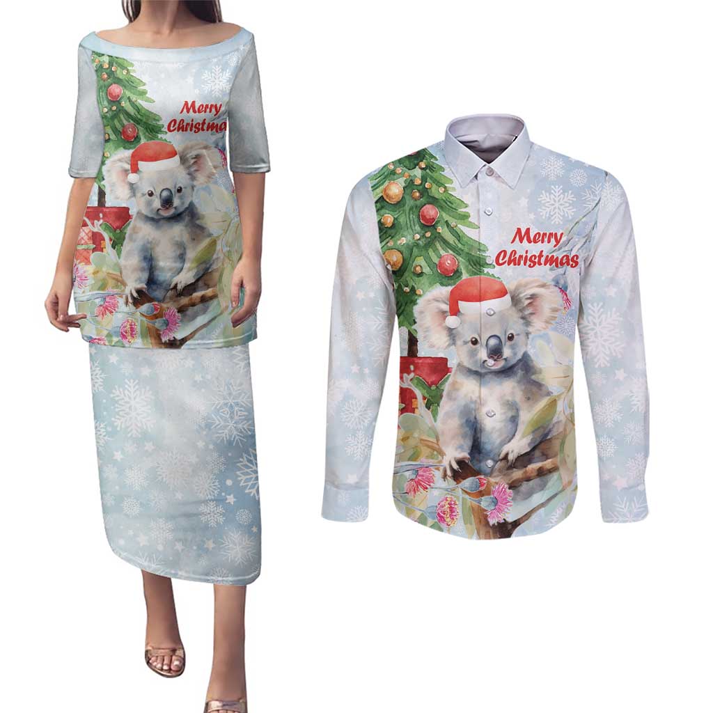 Australia Christmas Couples Matching Puletasi and Long Sleeve Button Shirt Koala Santa With Eucalyptus - Watercolor