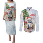 Australia Christmas Couples Matching Puletasi and Long Sleeve Button Shirt Koala Santa With Eucalyptus - Watercolor
