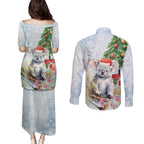Australia Christmas Couples Matching Puletasi and Long Sleeve Button Shirt Koala Santa With Eucalyptus - Watercolor