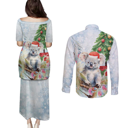 Australia Christmas Couples Matching Puletasi and Long Sleeve Button Shirt Koala Santa With Eucalyptus - Watercolor