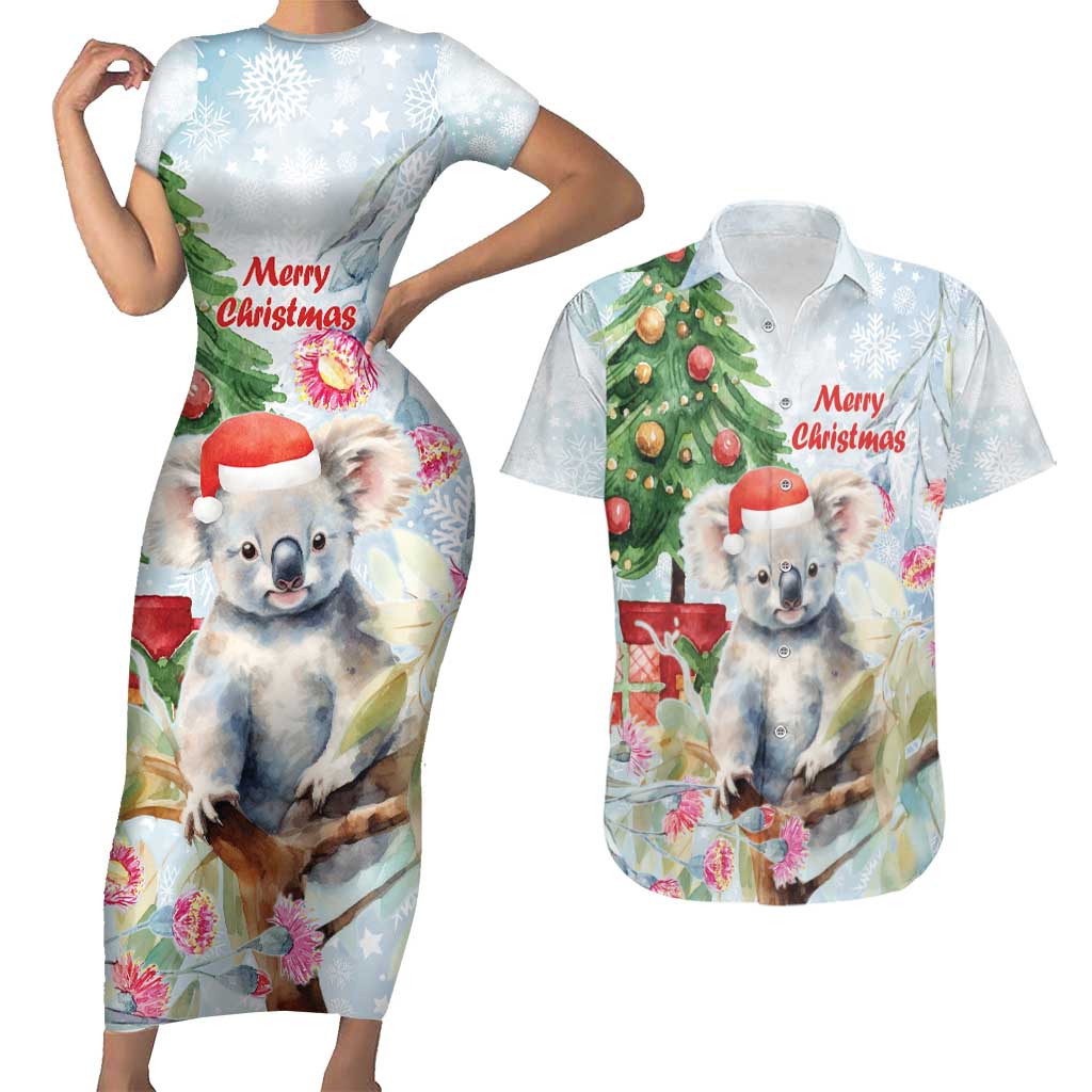 Australia Christmas Couples Matching Short Sleeve Bodycon Dress and Hawaiian Shirt Koala Santa With Eucalyptus - Watercolor