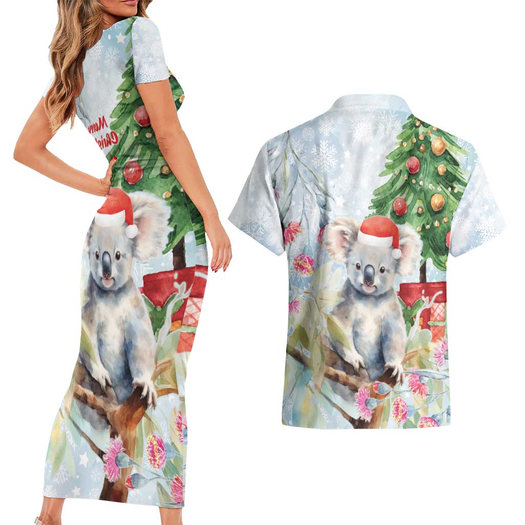 Australia Christmas Couples Matching Short Sleeve Bodycon Dress and Hawaiian Shirt Koala Santa With Eucalyptus - Watercolor