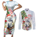 Australia Christmas Couples Matching Short Sleeve Bodycon Dress and Long Sleeve Button Shirt Koala Santa With Eucalyptus - Watercolor