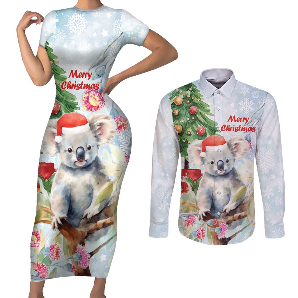 Australia Christmas Couples Matching Short Sleeve Bodycon Dress and Long Sleeve Button Shirt Koala Santa With Eucalyptus - Watercolor