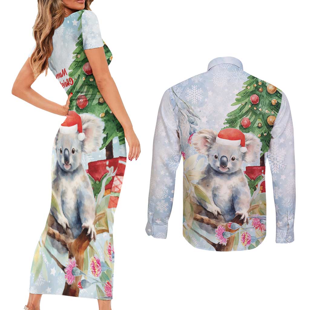 Australia Christmas Couples Matching Short Sleeve Bodycon Dress and Long Sleeve Button Shirt Koala Santa With Eucalyptus - Watercolor