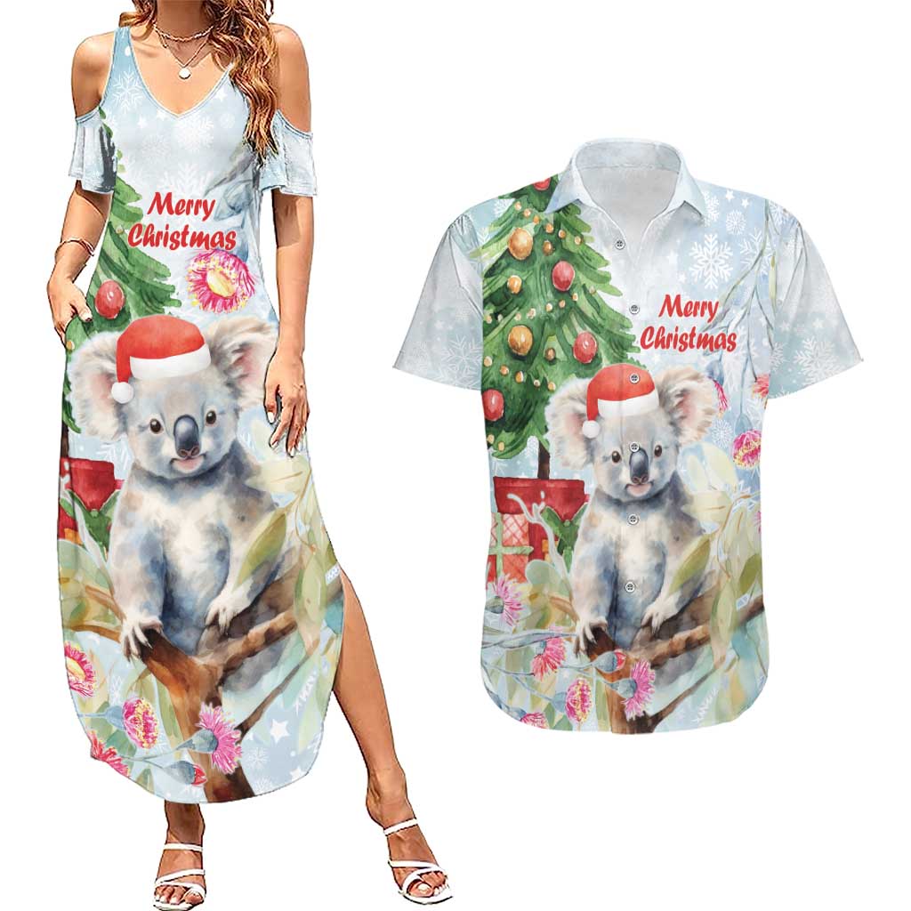 Australia Christmas Couples Matching Summer Maxi Dress and Hawaiian Shirt Koala Santa With Eucalyptus - Watercolor