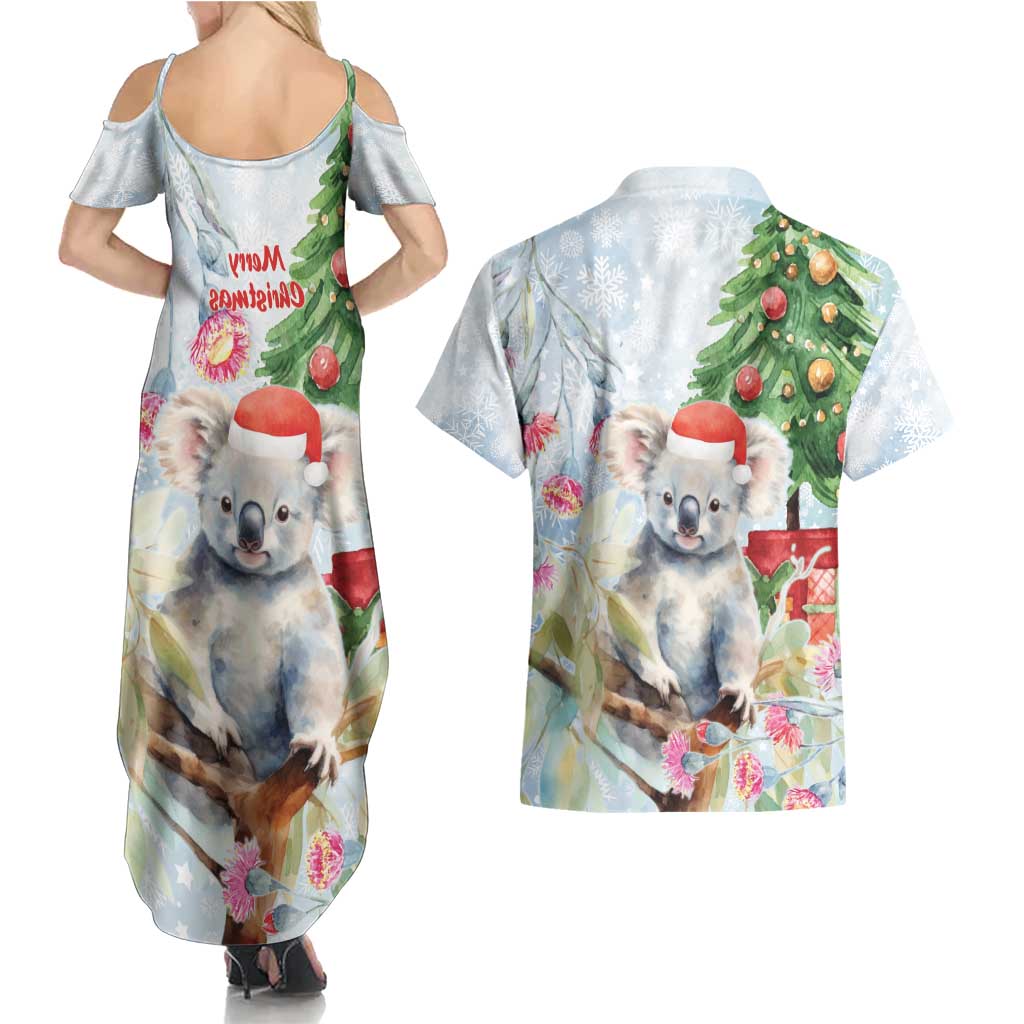 Australia Christmas Couples Matching Summer Maxi Dress and Hawaiian Shirt Koala Santa With Eucalyptus - Watercolor