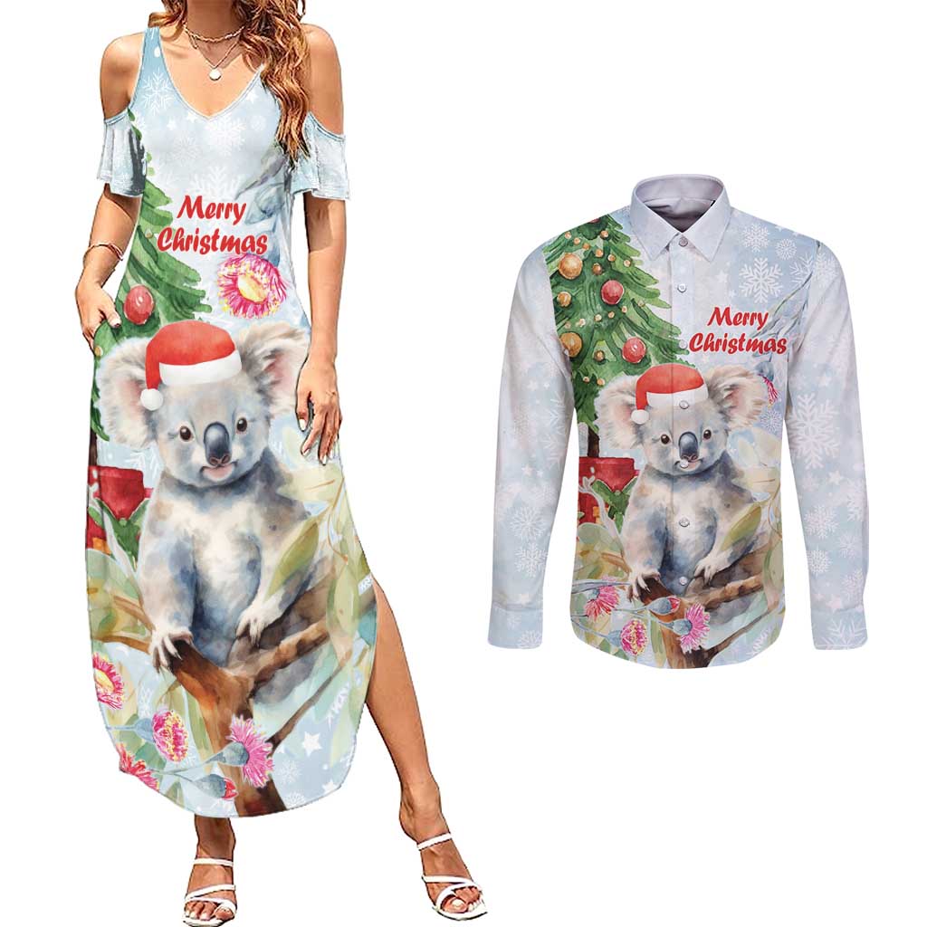 Australia Christmas Couples Matching Summer Maxi Dress and Long Sleeve Button Shirt Koala Santa With Eucalyptus - Watercolor