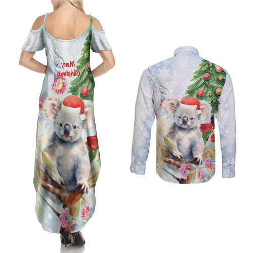 Australia Christmas Couples Matching Summer Maxi Dress and Long Sleeve Button Shirt Koala Santa With Eucalyptus - Watercolor