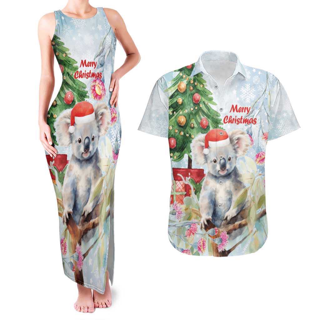 Australia Christmas Couples Matching Tank Maxi Dress and Hawaiian Shirt Koala Santa With Eucalyptus - Watercolor