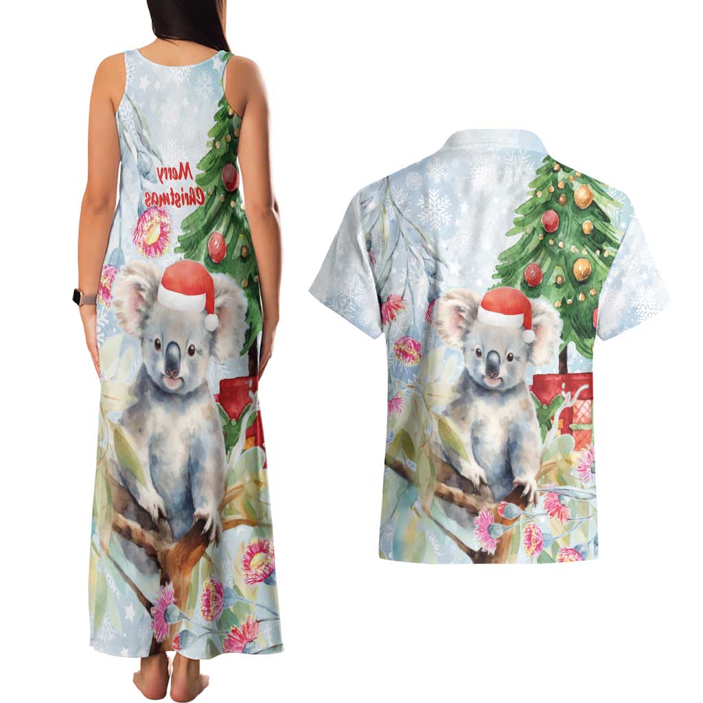 Australia Christmas Couples Matching Tank Maxi Dress and Hawaiian Shirt Koala Santa With Eucalyptus - Watercolor