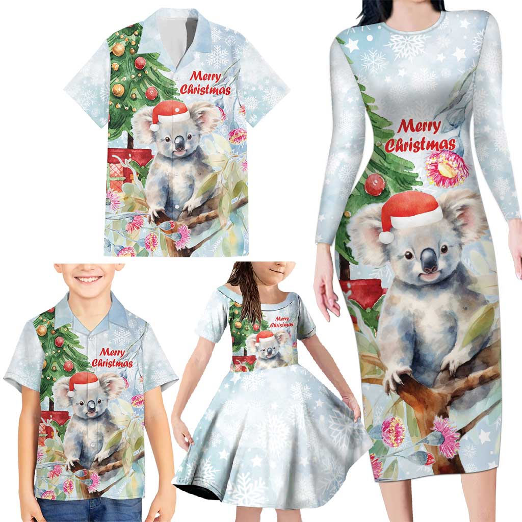 Australia Christmas Family Matching Long Sleeve Bodycon Dress and Hawaiian Shirt Koala Santa With Eucalyptus - Watercolor