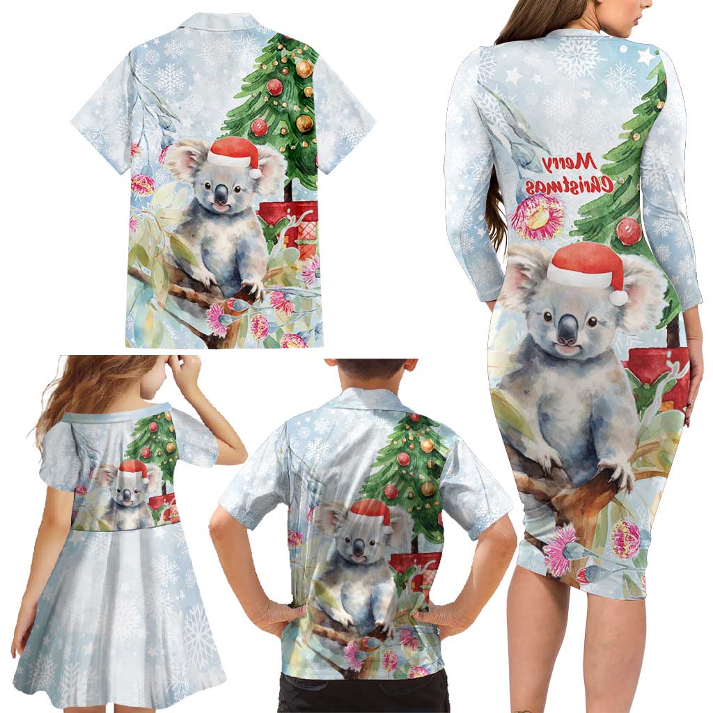 Australia Christmas Family Matching Long Sleeve Bodycon Dress and Hawaiian Shirt Koala Santa With Eucalyptus - Watercolor