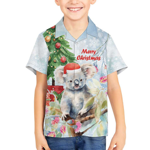 Australia Christmas Family Matching Long Sleeve Bodycon Dress and Hawaiian Shirt Koala Santa With Eucalyptus - Watercolor
