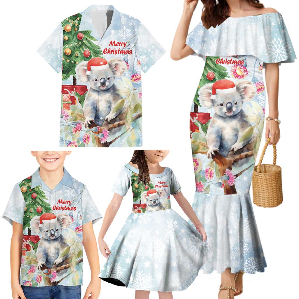 Australia Christmas Family Matching Mermaid Dress and Hawaiian Shirt Koala Santa With Eucalyptus - Watercolor