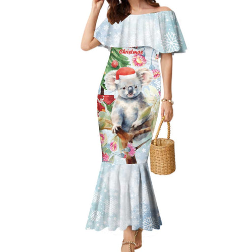 Australia Christmas Family Matching Mermaid Dress and Hawaiian Shirt Koala Santa With Eucalyptus - Watercolor