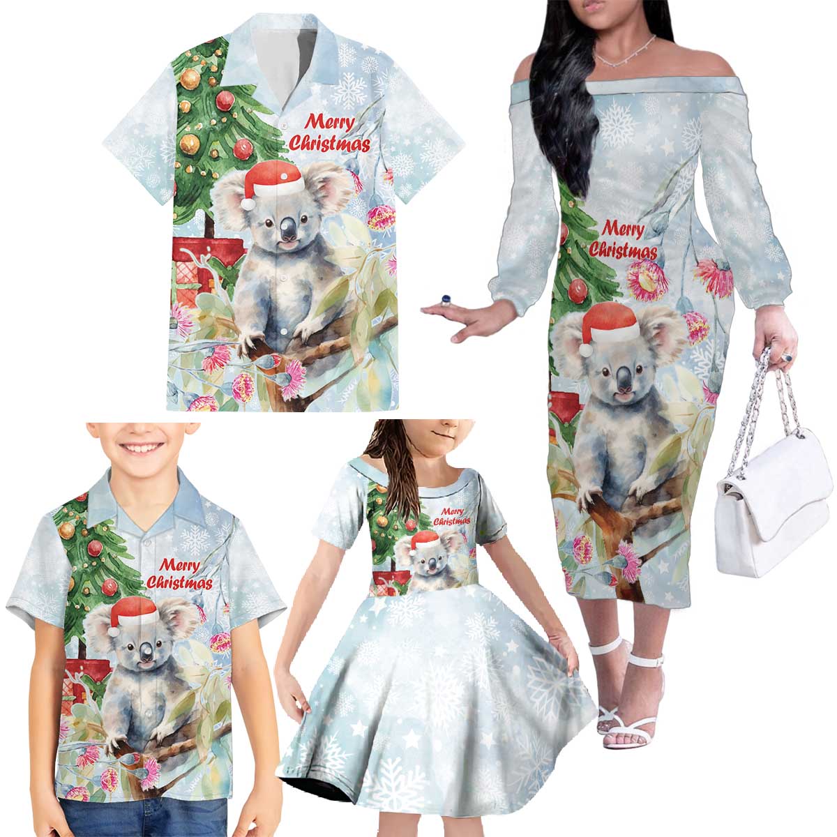 Australia Christmas Family Matching Off The Shoulder Long Sleeve Dress and Hawaiian Shirt Koala Santa With Eucalyptus - Watercolor