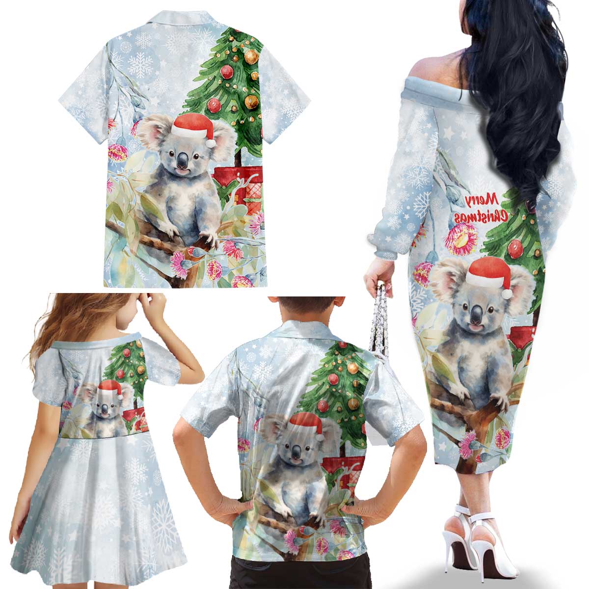 Australia Christmas Family Matching Off The Shoulder Long Sleeve Dress and Hawaiian Shirt Koala Santa With Eucalyptus - Watercolor