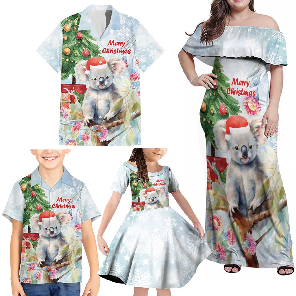 Australia Christmas Family Matching Off Shoulder Maxi Dress and Hawaiian Shirt Koala Santa With Eucalyptus - Watercolor
