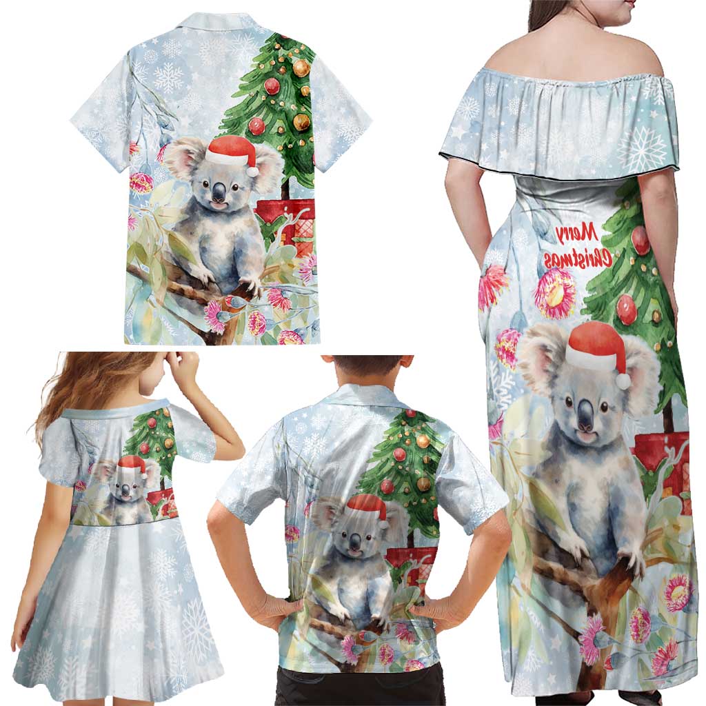Australia Christmas Family Matching Off Shoulder Maxi Dress and Hawaiian Shirt Koala Santa With Eucalyptus - Watercolor