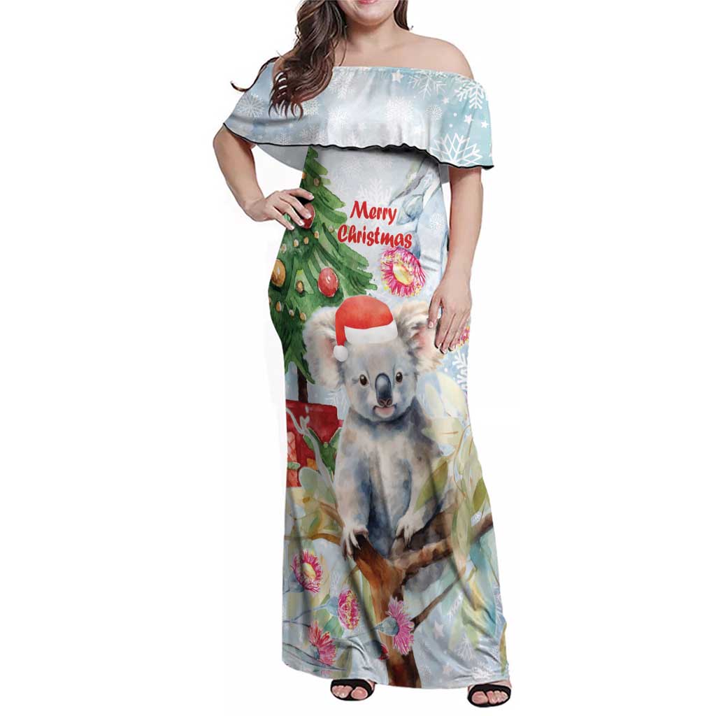 Australia Christmas Family Matching Off Shoulder Maxi Dress and Hawaiian Shirt Koala Santa With Eucalyptus - Watercolor