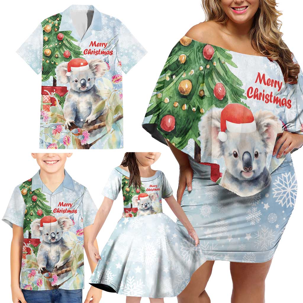 Australia Christmas Family Matching Off Shoulder Short Dress and Hawaiian Shirt Koala Santa With Eucalyptus - Watercolor