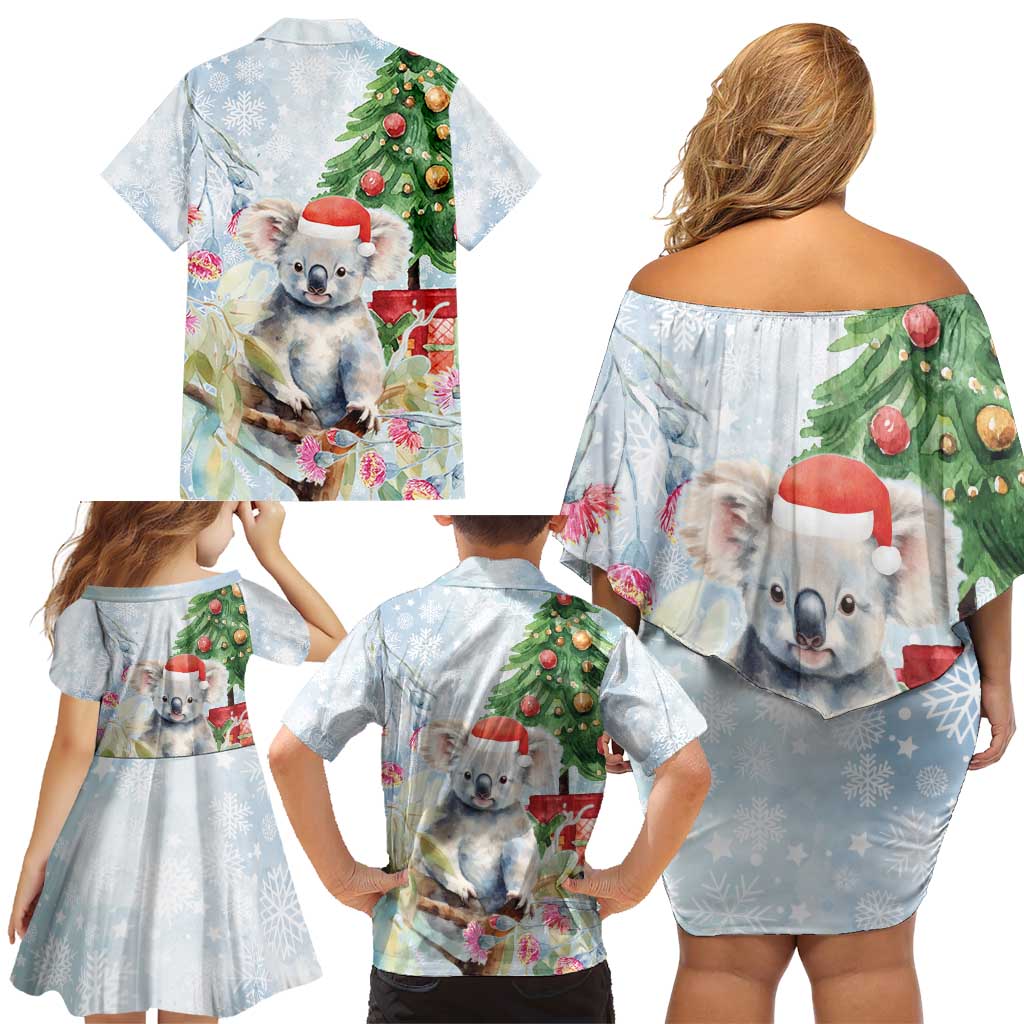 Australia Christmas Family Matching Off Shoulder Short Dress and Hawaiian Shirt Koala Santa With Eucalyptus - Watercolor