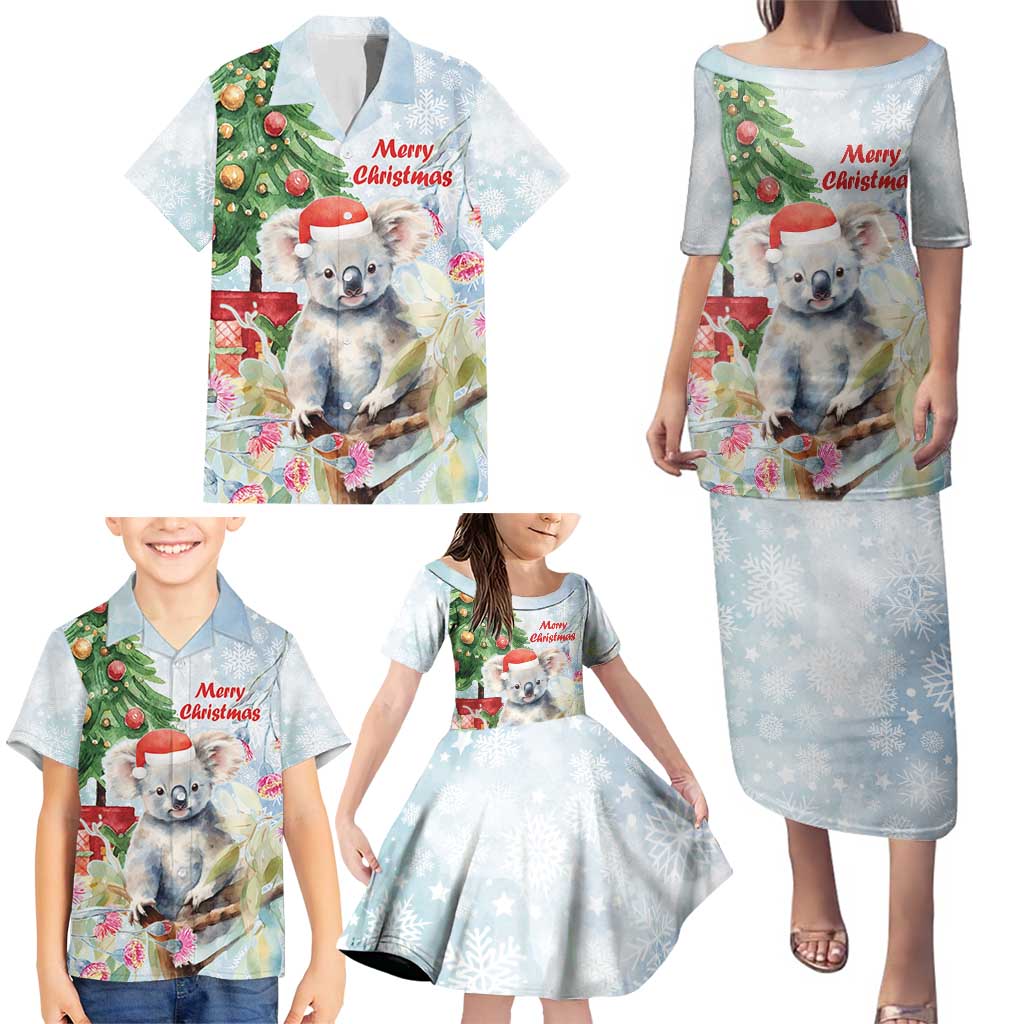 Australia Christmas Family Matching Puletasi and Hawaiian Shirt Koala Santa With Eucalyptus - Watercolor