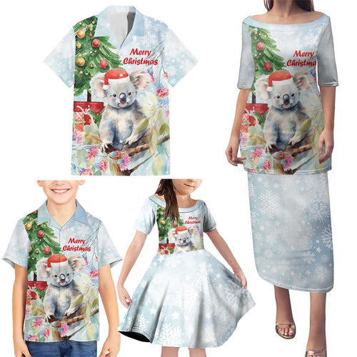 Australia Christmas Family Matching Puletasi and Hawaiian Shirt Koala Santa With Eucalyptus - Watercolor