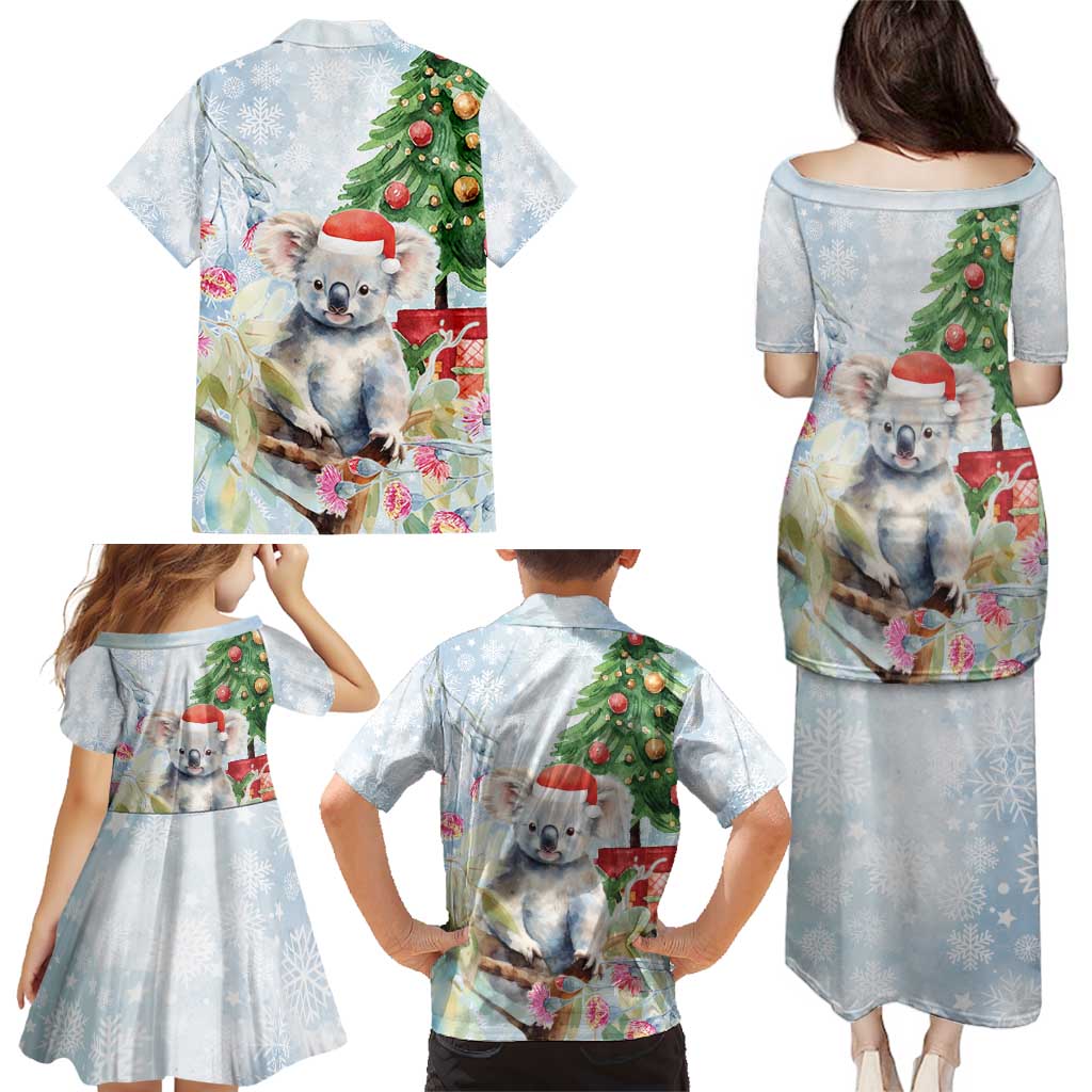 Australia Christmas Family Matching Puletasi and Hawaiian Shirt Koala Santa With Eucalyptus - Watercolor