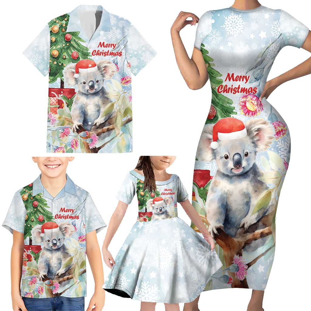 Australia Christmas Family Matching Short Sleeve Bodycon Dress and Hawaiian Shirt Koala Santa With Eucalyptus - Watercolor