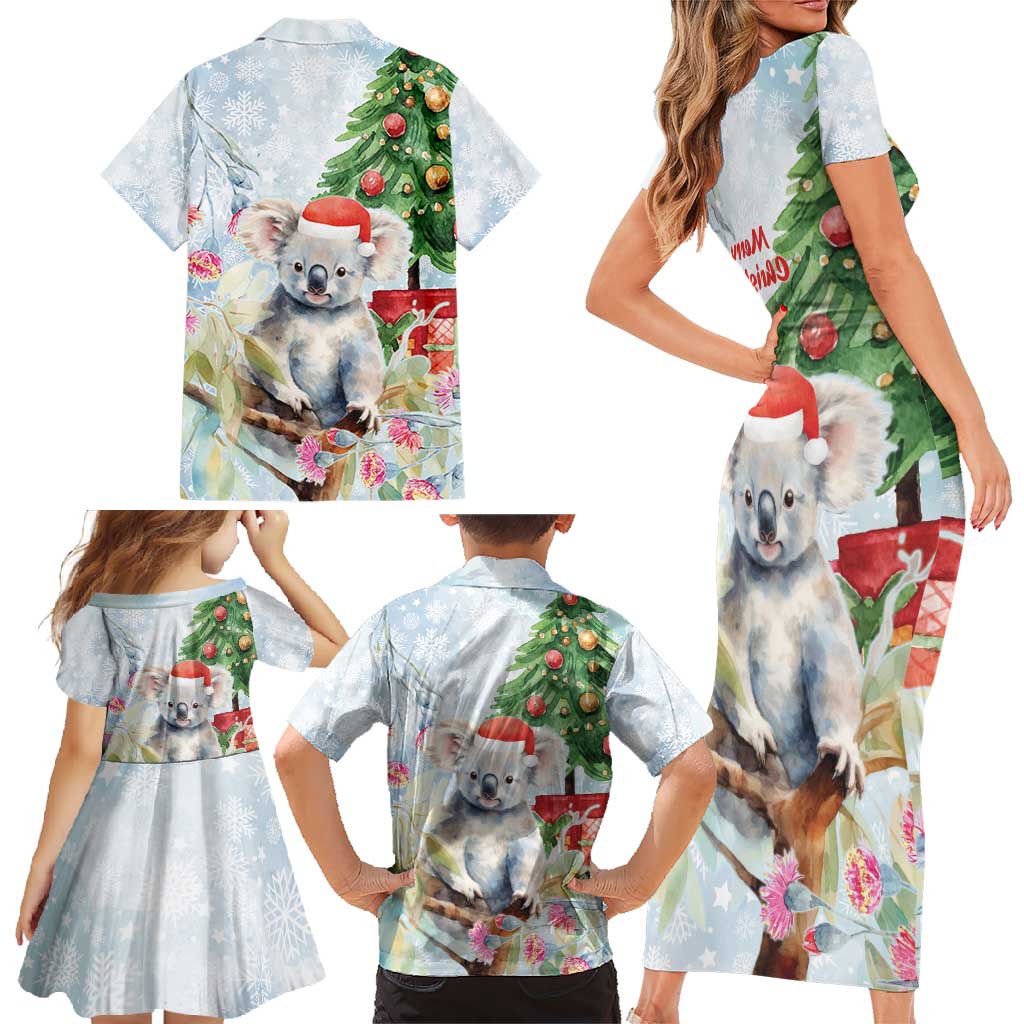 Australia Christmas Family Matching Short Sleeve Bodycon Dress and Hawaiian Shirt Koala Santa With Eucalyptus - Watercolor