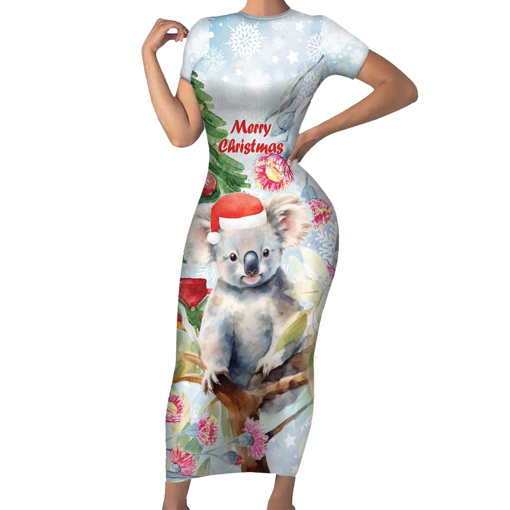Australia Christmas Family Matching Short Sleeve Bodycon Dress and Hawaiian Shirt Koala Santa With Eucalyptus - Watercolor