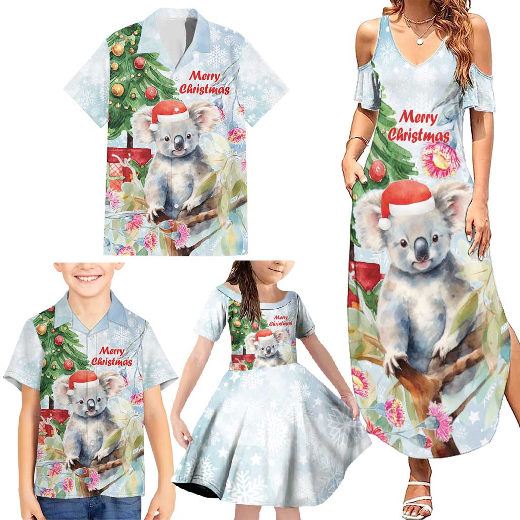 Australia Christmas Family Matching Summer Maxi Dress and Hawaiian Shirt Koala Santa With Eucalyptus - Watercolor