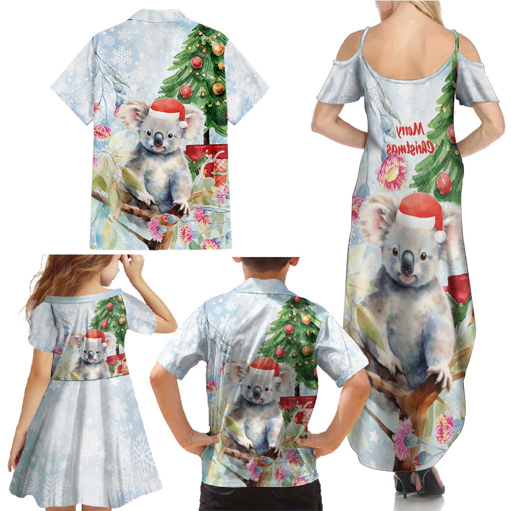 Australia Christmas Family Matching Summer Maxi Dress and Hawaiian Shirt Koala Santa With Eucalyptus - Watercolor