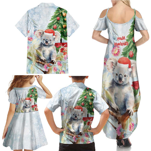 Australia Christmas Family Matching Summer Maxi Dress and Hawaiian Shirt Koala Santa With Eucalyptus - Watercolor