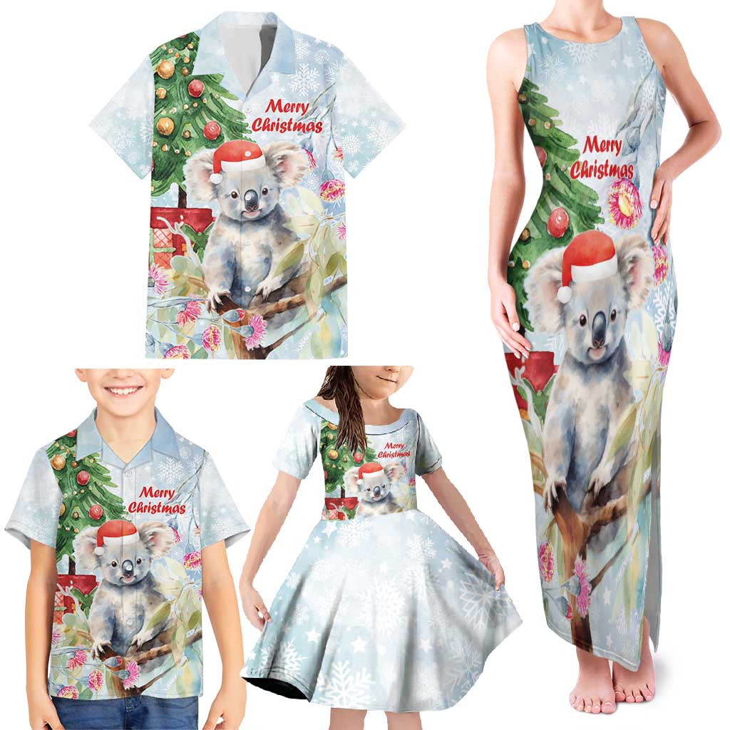 Australia Christmas Family Matching Tank Maxi Dress and Hawaiian Shirt Koala Santa With Eucalyptus - Watercolor